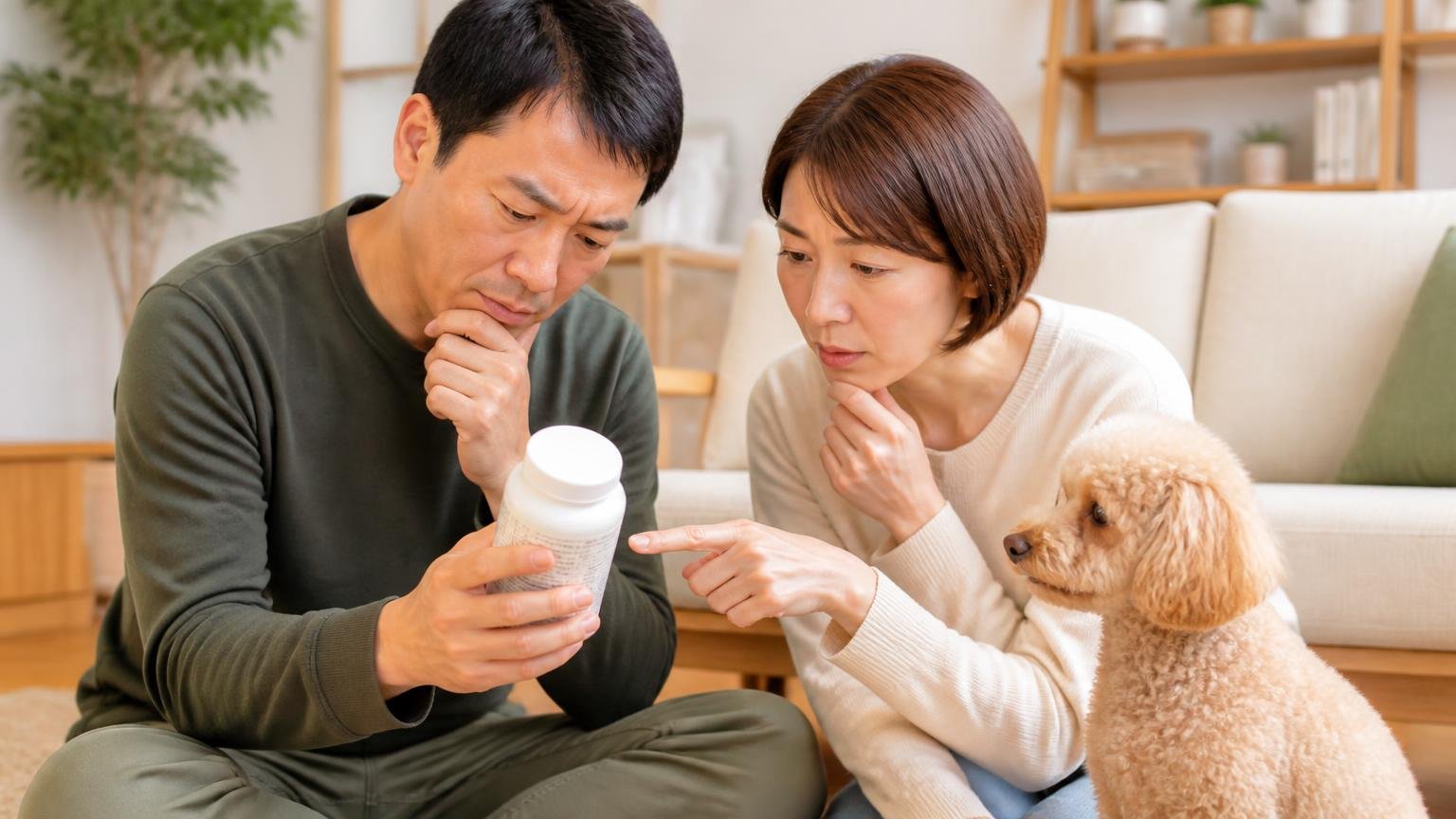 においが苦手な人やペットのいる家庭は要確認・リビングで飼い犬のそばにいる・家族2人・商品の注意書きを一緒に読む