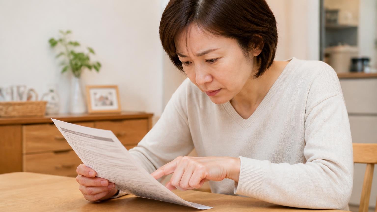 保証は年数より対象範囲と無効条件|ダイニングで保証書の条件欄を指でなぞる40代女性1人