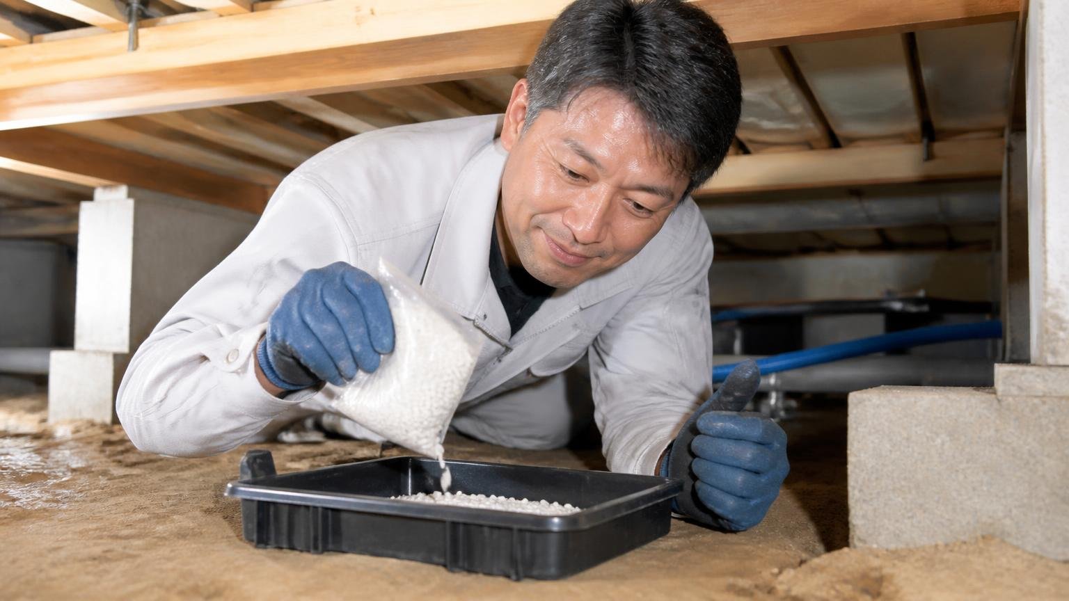 なくなったら補充を繰り返す/住宅の床下で男性1人がトレーに薬剤を足しながらうなずく