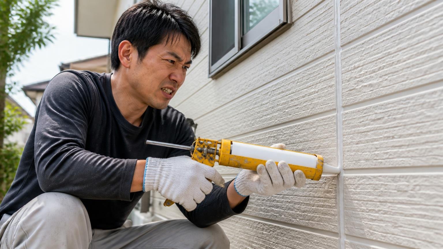 使った人自身が出した結論。家の外壁まわりで隙間をふさぐ作業をする男性1人が力を込めた表情