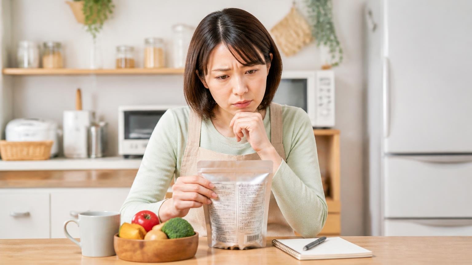 味付けの工夫をおすすめしない理由。台所のテーブルで女性が薬剤の袋を前に手を止めて考え込んでいる