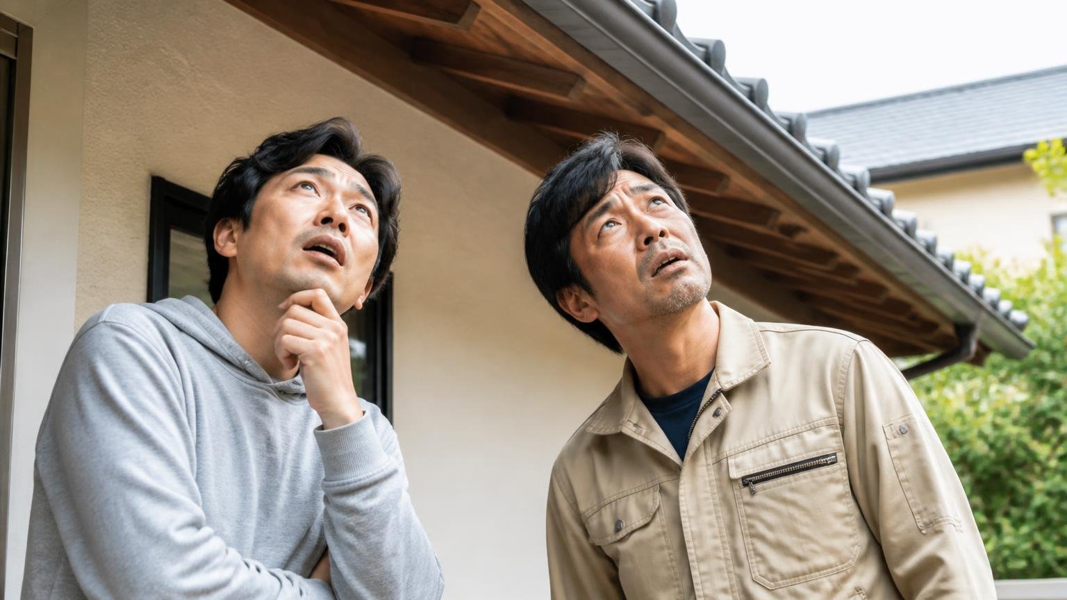 天井裏にいるのは本当にネズミですか。屋根の軒下を見上げて首をかしげる30代男性と40代男性