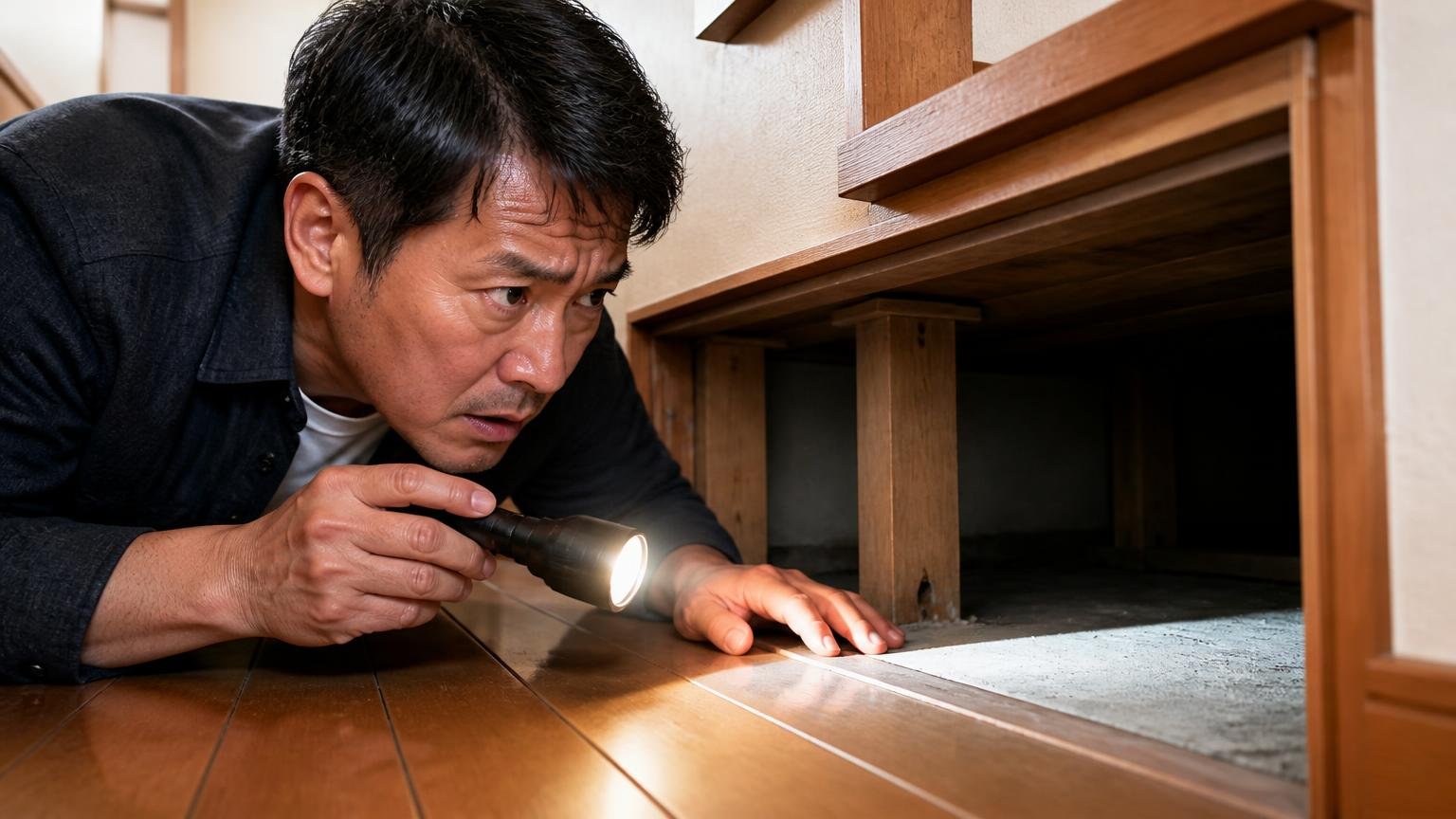 3回繰り返した人の話 階段下の狭い床下に40代男性が懐中電灯を差し入れ険しい顔で覗き込む