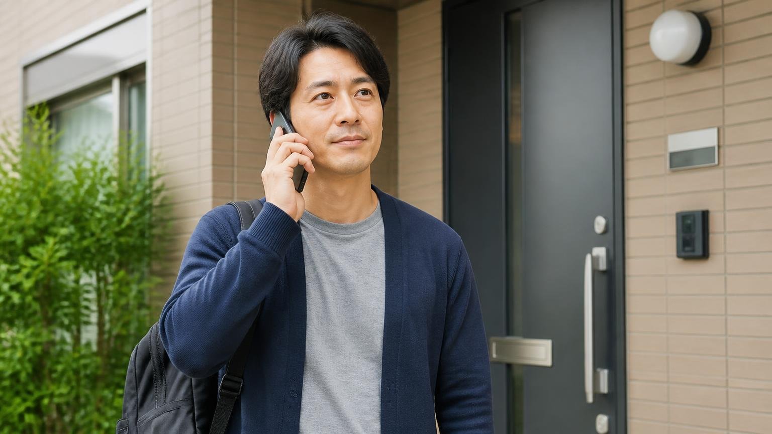 賃貸なら業者を探す前に管理会社へ。集合住宅の玄関前でスマホで連絡する住人1人が落ち着いた表情