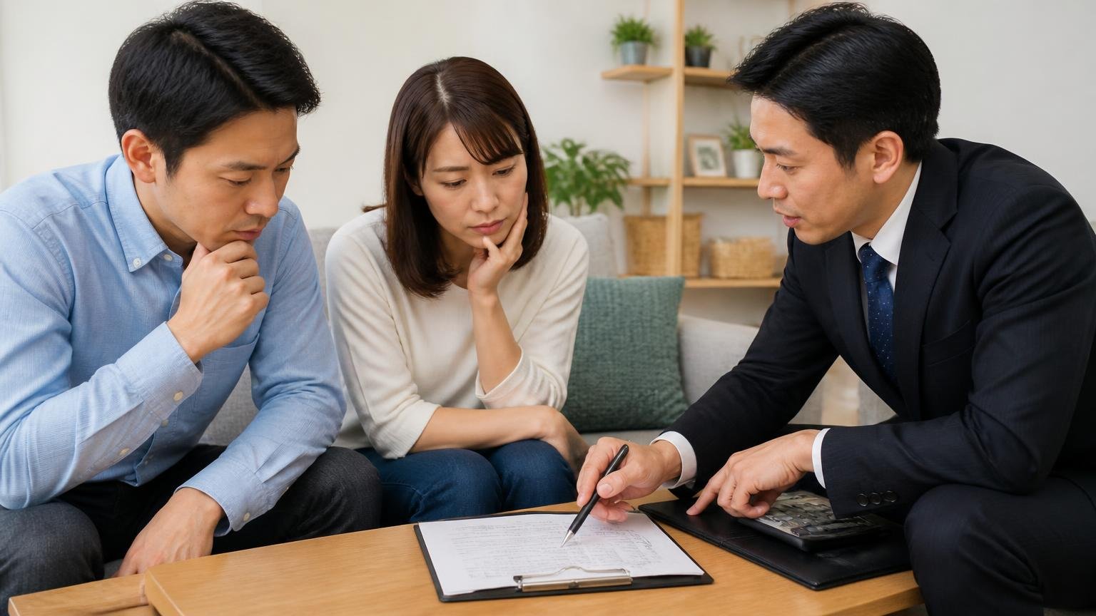 保証は年数の数字ではなく中身を見る リビングで契約書を確認する 住人と担当者2人 ペンで条項を指し示す