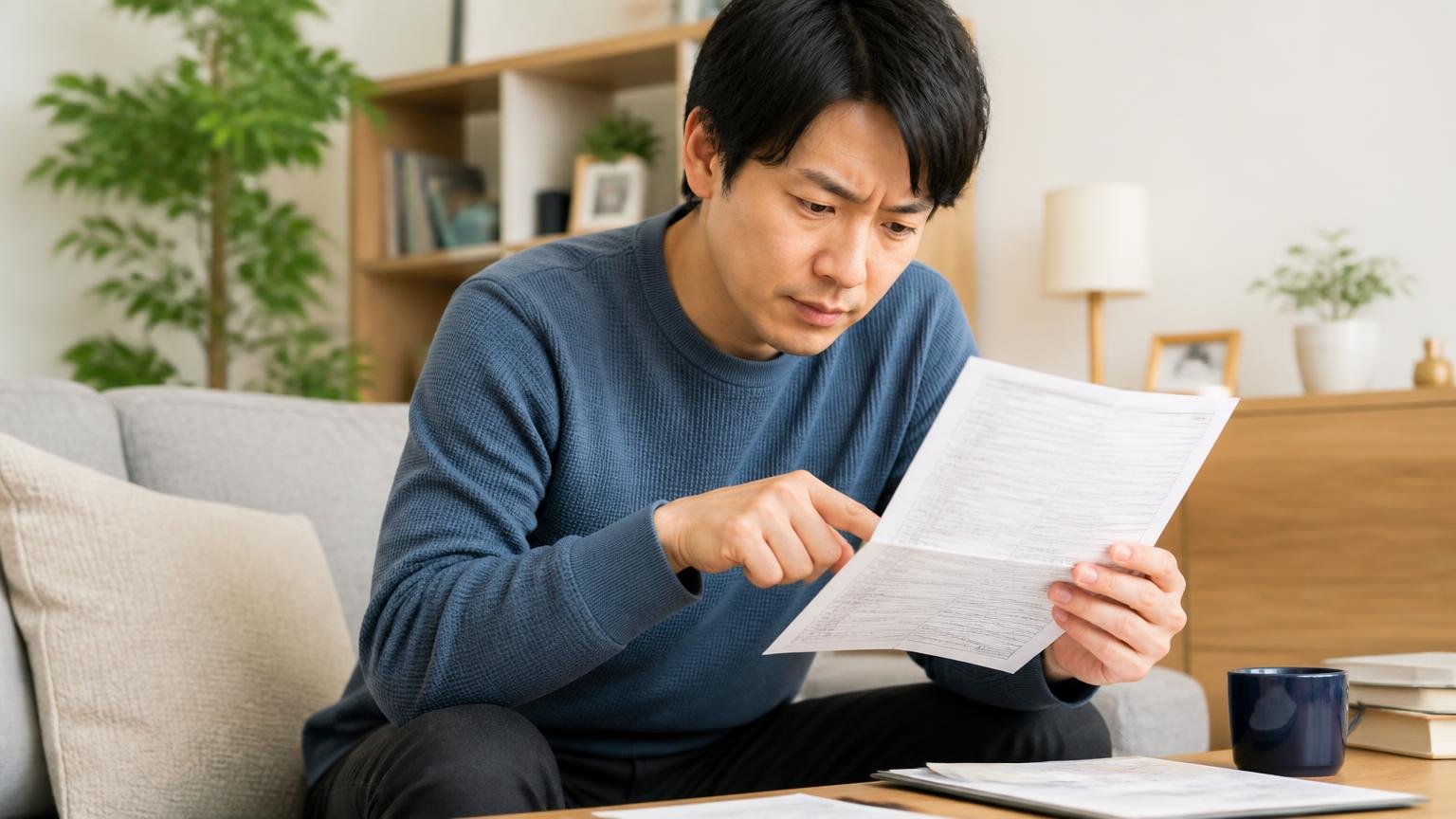 物差し③保証は中身で比べる。リビングで男性1人が保証書の条件を指でなぞりながら確認する
