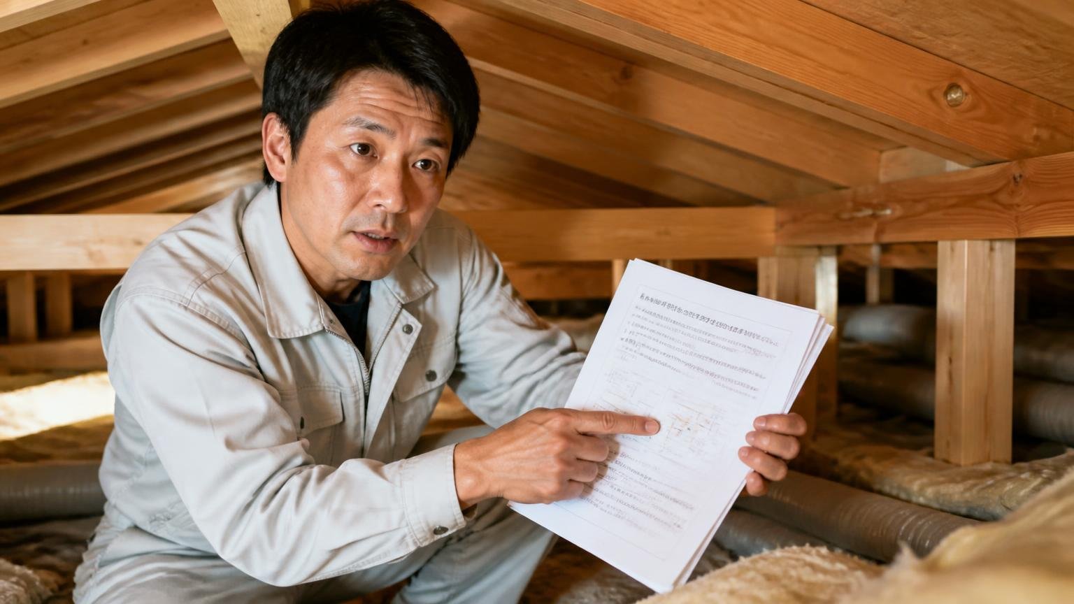 法律の壁を知っている業者かどうか 木造戸建ての天井裏で作業員1名 書類を手に説明する真剣な表情