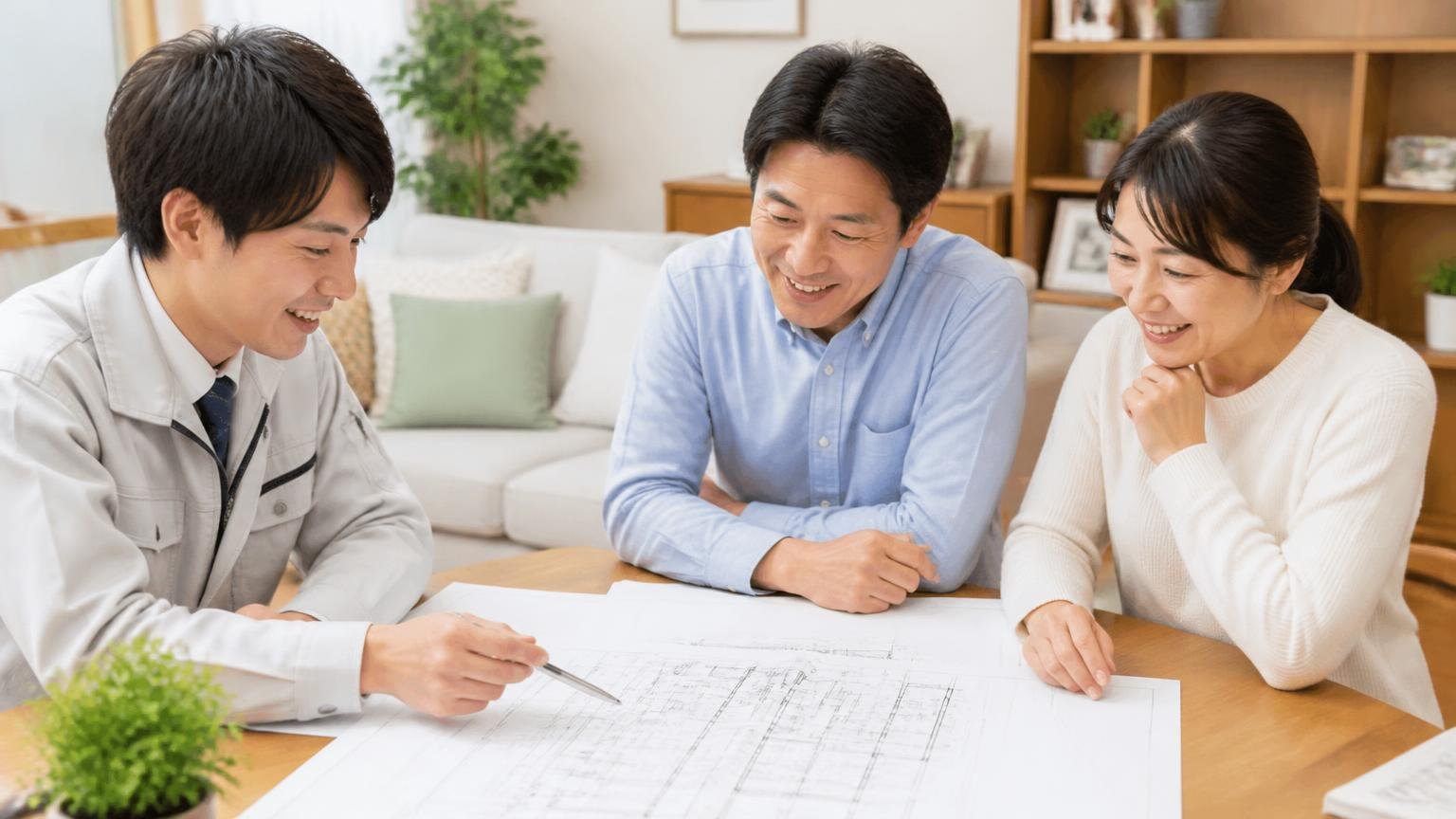向いていない人が次にやること、リビングで作業員1人と住人2人が図面を広げて打ち合わせ笑顔