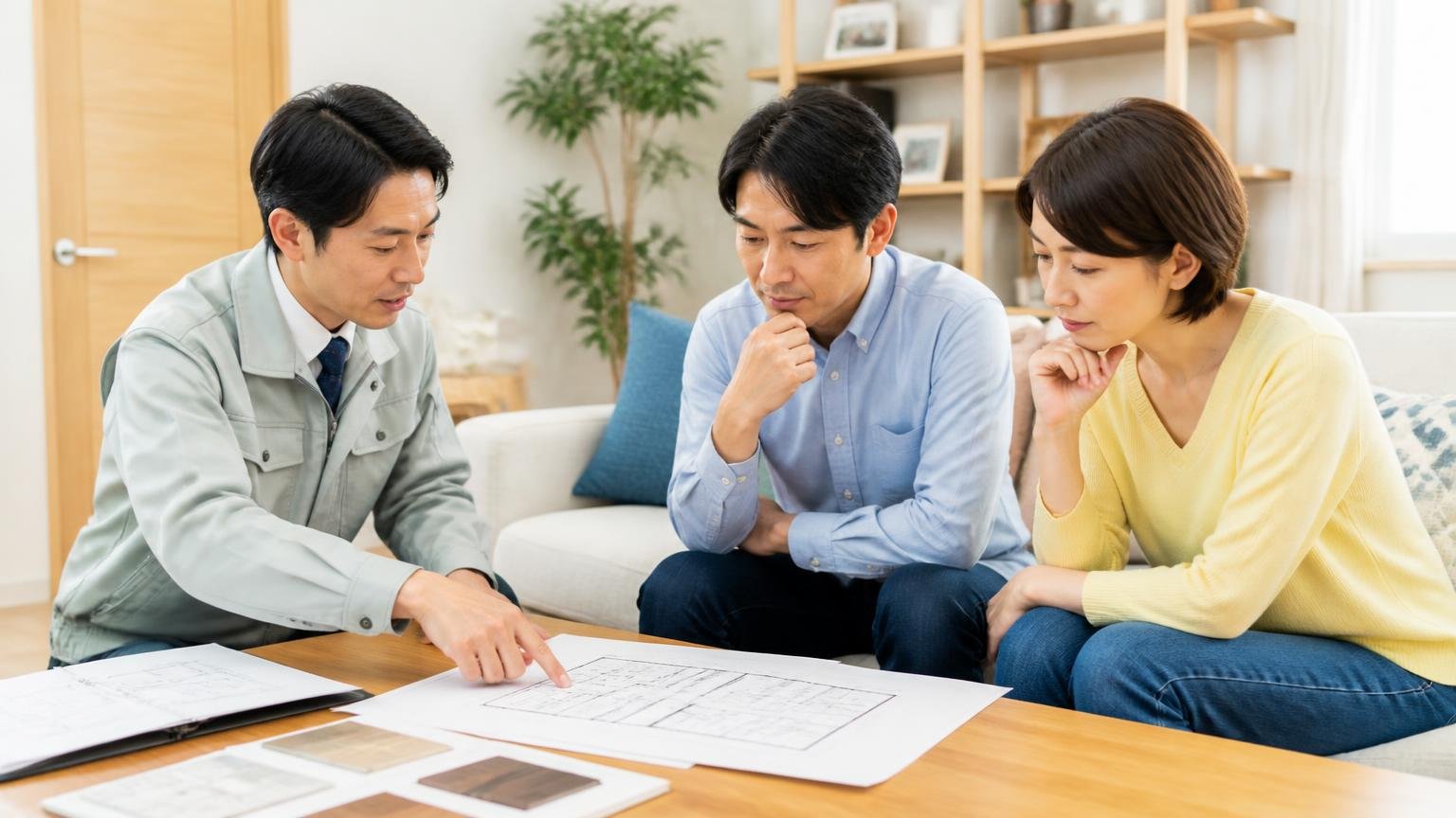業者に頼んだほうがいいケース リビングで作業員と打ち合わせ 作業員1人と住人2人が図面を見て相談