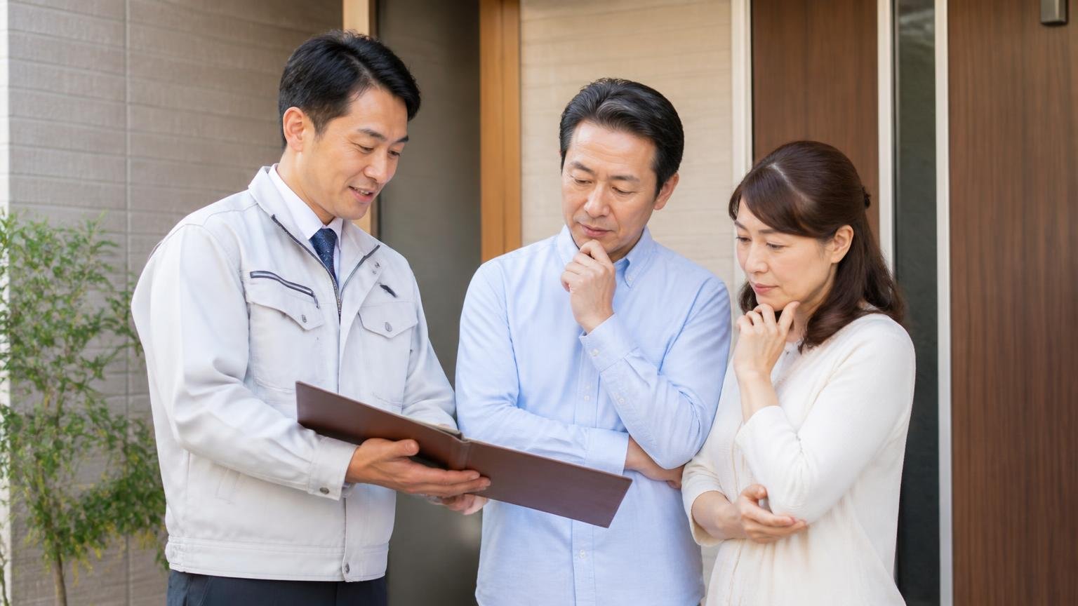 保証は年数ではなく中身で比べる。玄関先で作業員1人が住人2人に保証書を見せて説明する落ち着いた場面