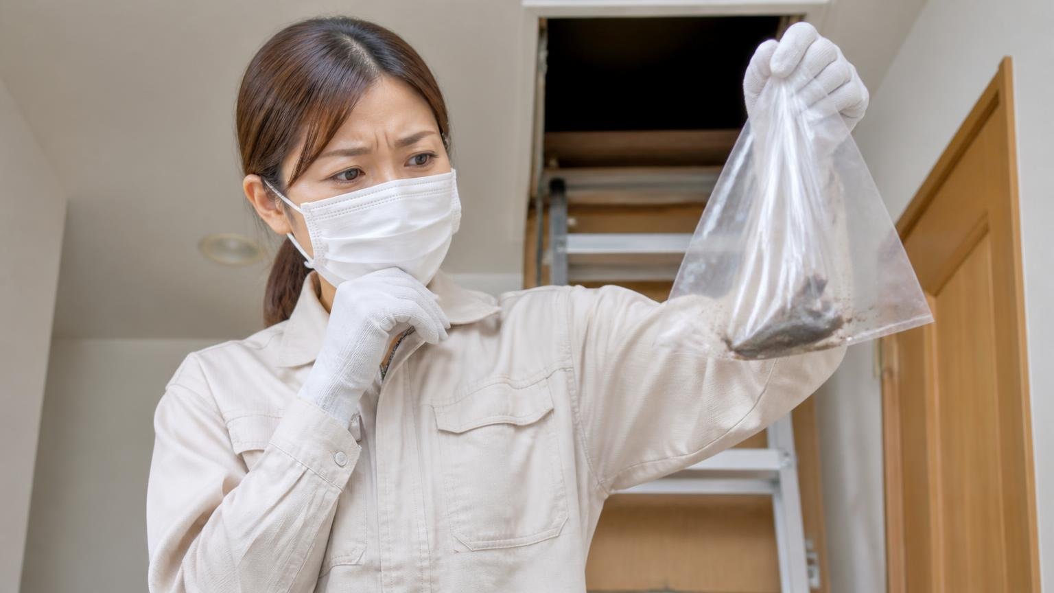 捕まえた後に自分で処理できるか。手袋とマスク姿で天井裏の清掃をためらう30代女性1人