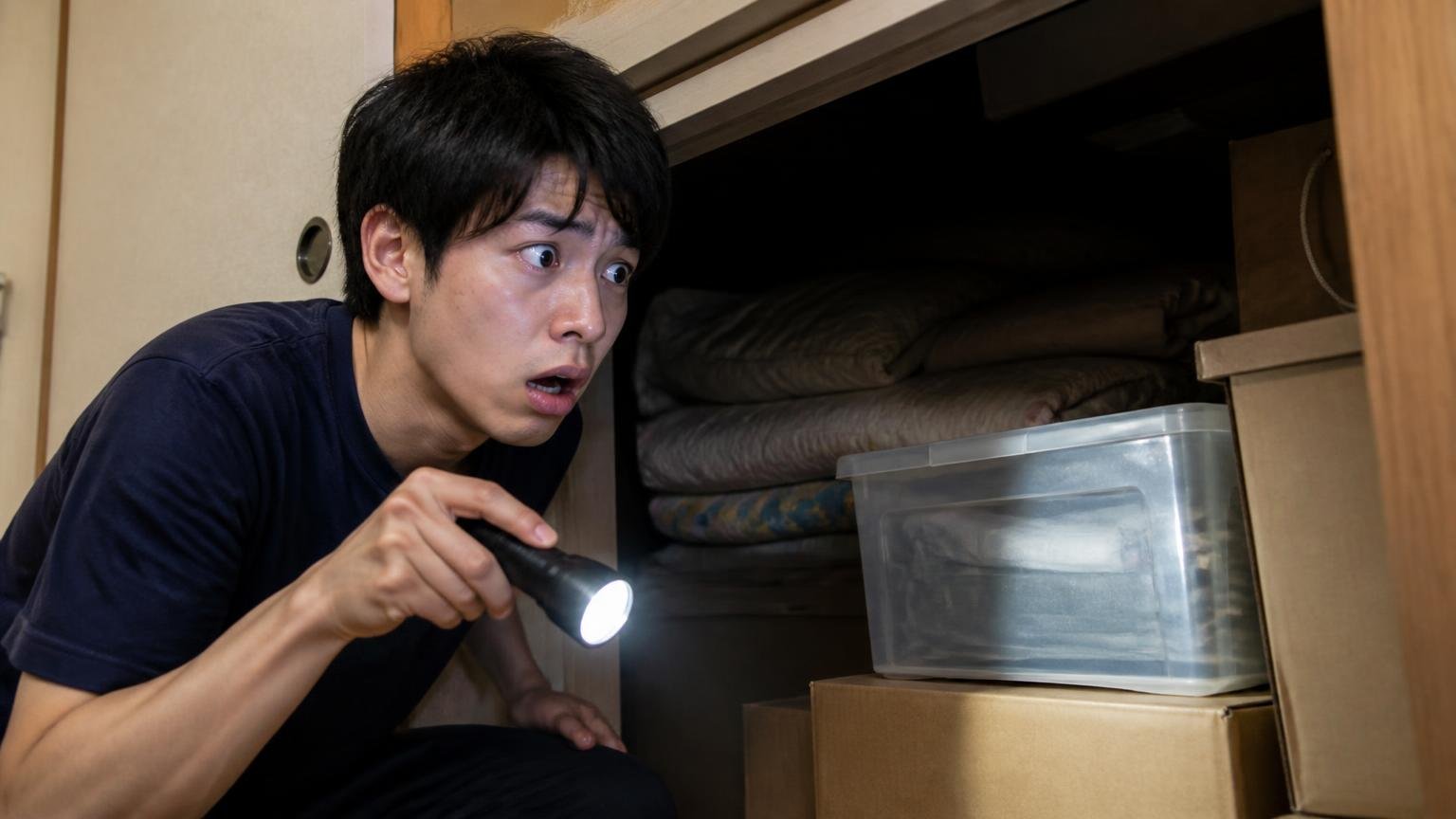 自力対策で粘りすぎるとかえって高くつく。押し入れの奥を懐中電灯で照らし固まる20代男性1人