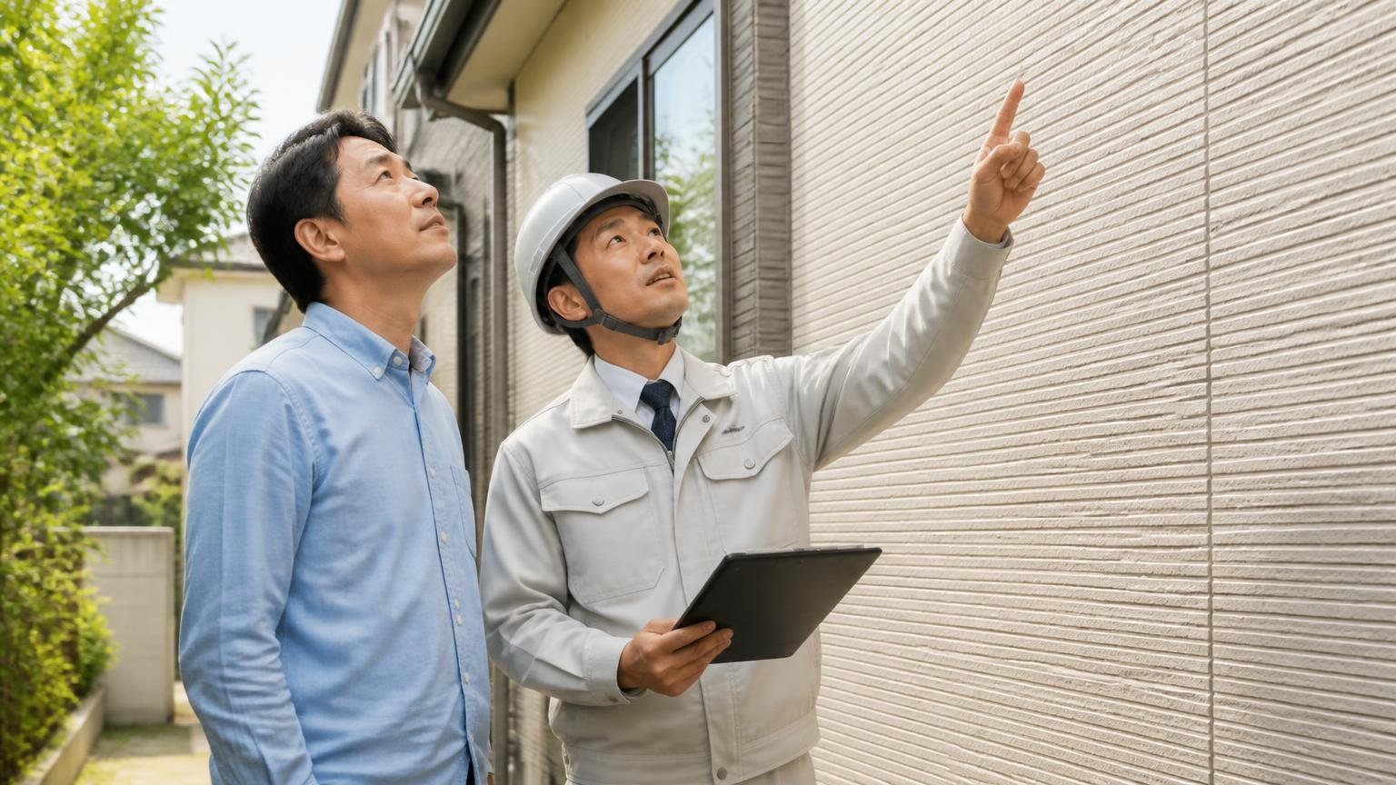 どちらでも次にやることは同じ。家の外壁まわりで点検する作業員と住人の男性が並んで壁を見上げる