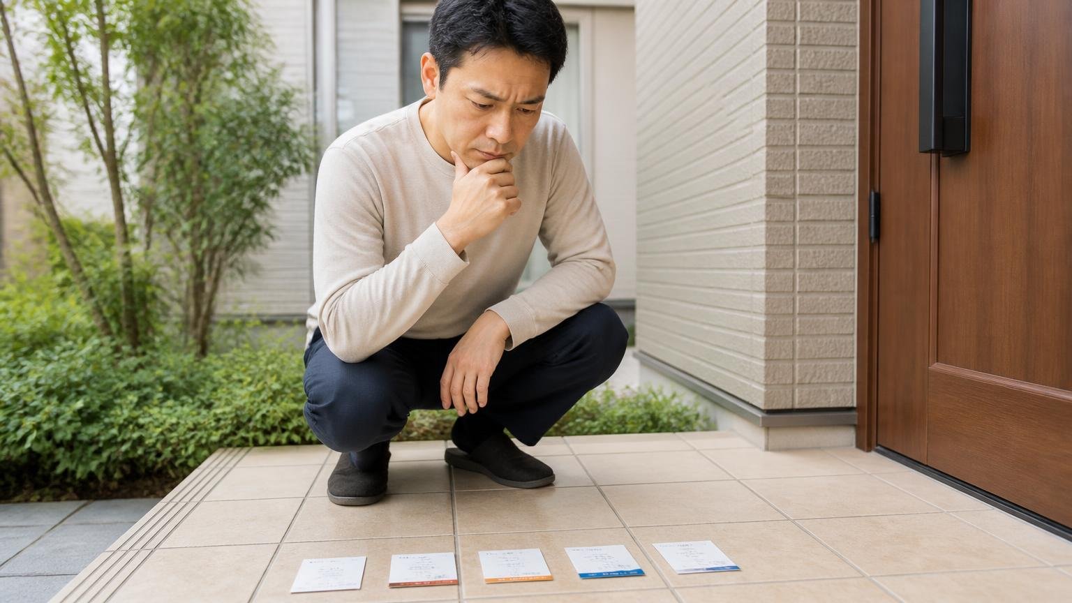 比較する時間をくれるかどうか 玄関前で複数社の名刺を並べる住人1名 落ち着いて考え込む表情