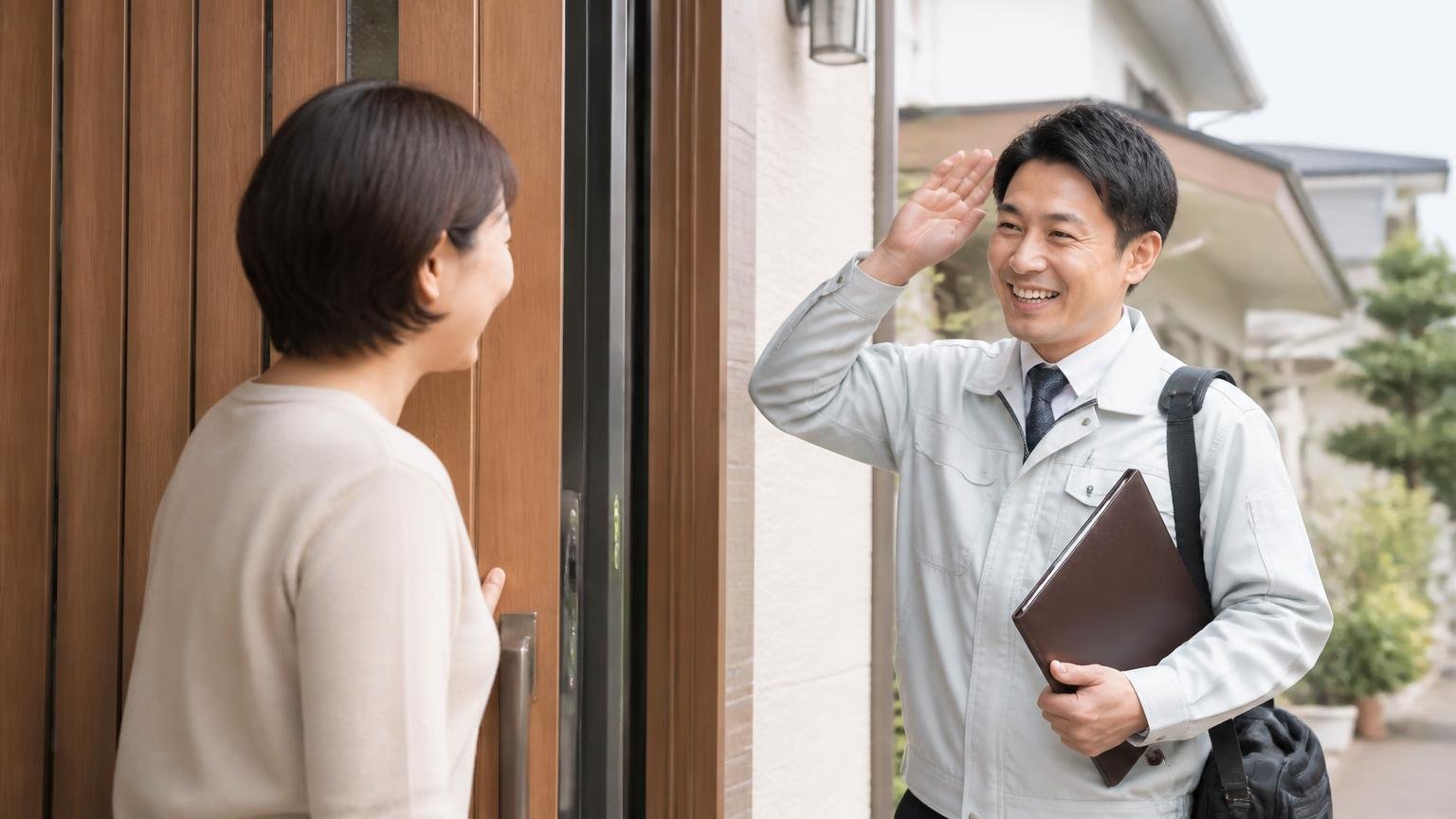 天井裏の物音を無料の現地調査から見てもらえる業者 木造戸建ての玄関前 調査員を迎える住人1人 ほっとした表情