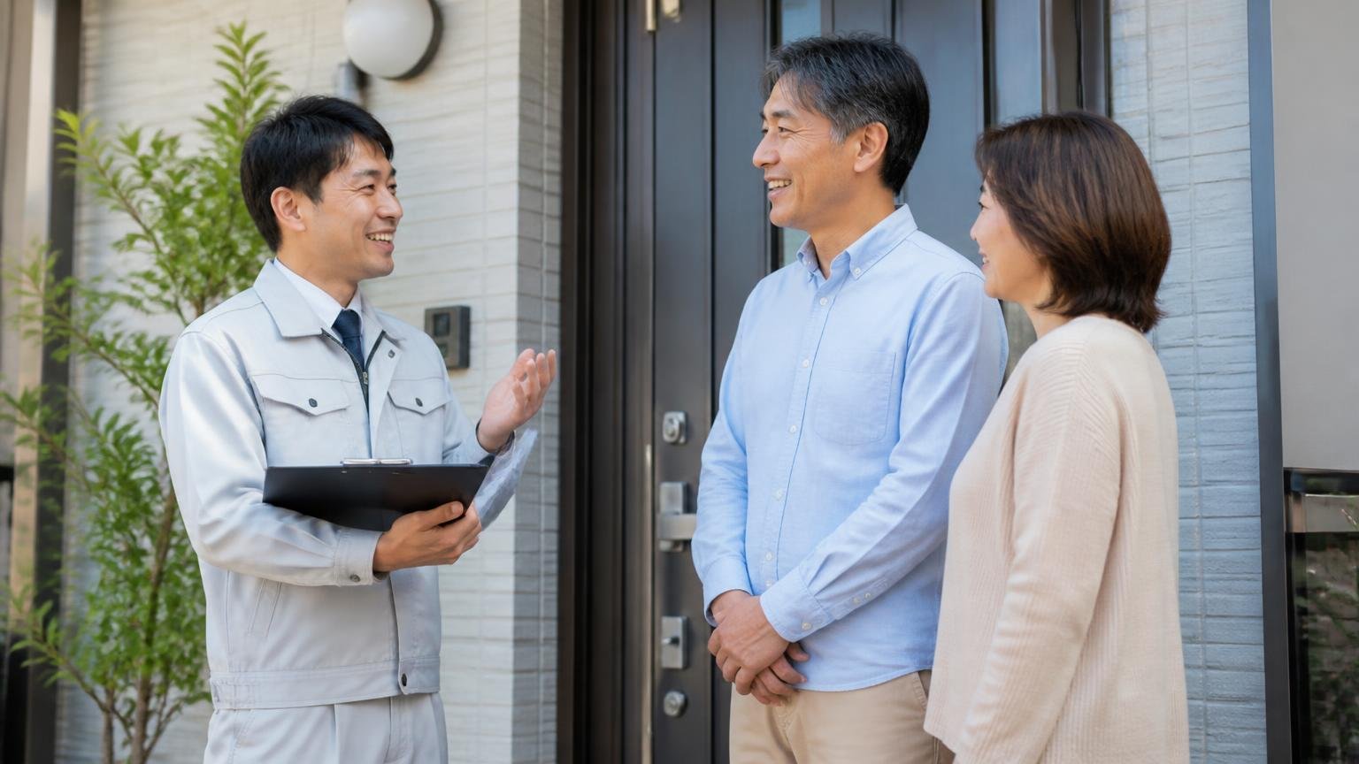 相見積もりの1社目に選ばれている相談窓口。玄関前で作業員1人が住人2人に笑顔で説明する