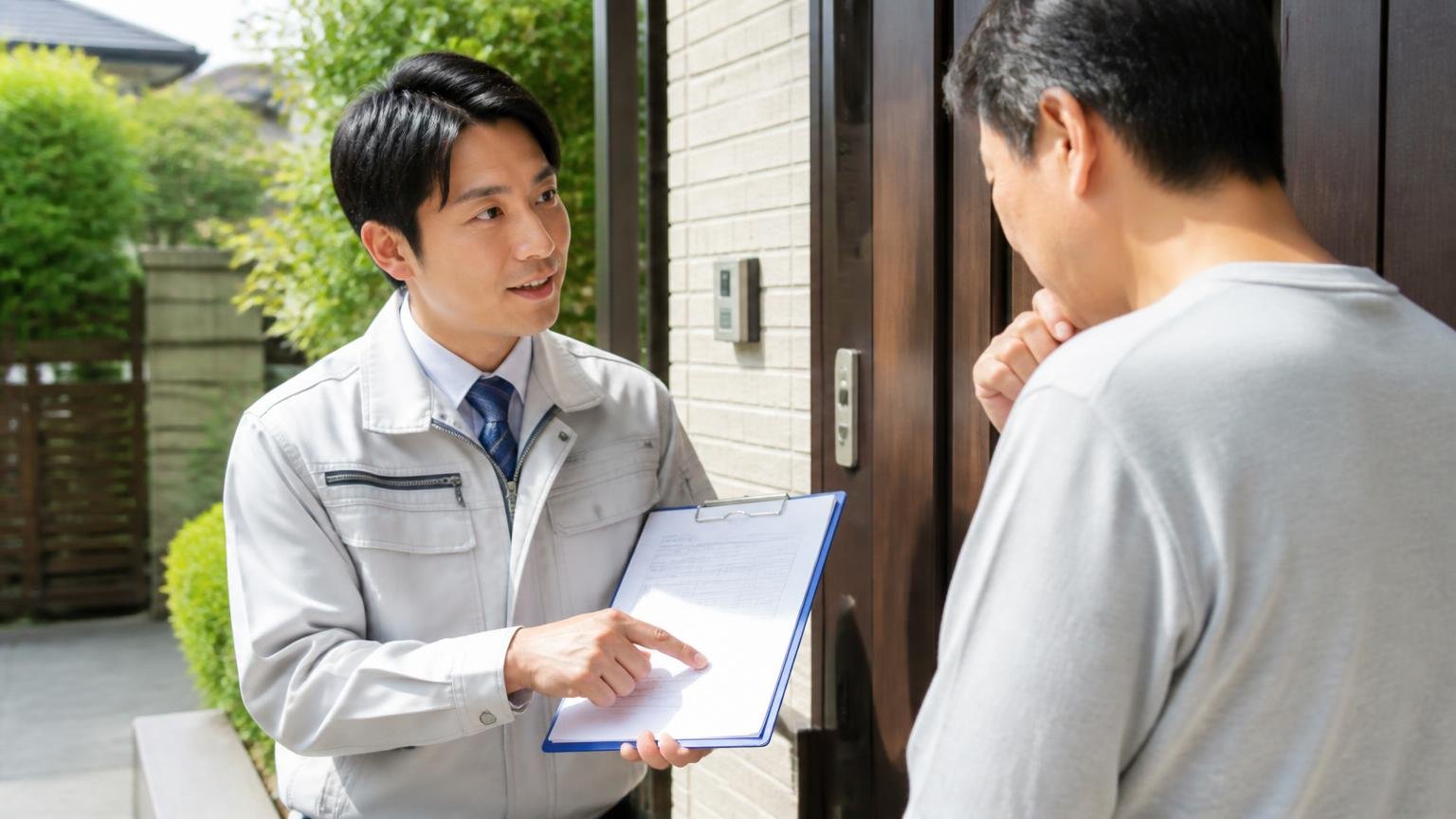 無料で見てもらえる駆除窓口、住宅の玄関前で作業服の男性1人が住人1人に書類を見せ丁寧に説明
