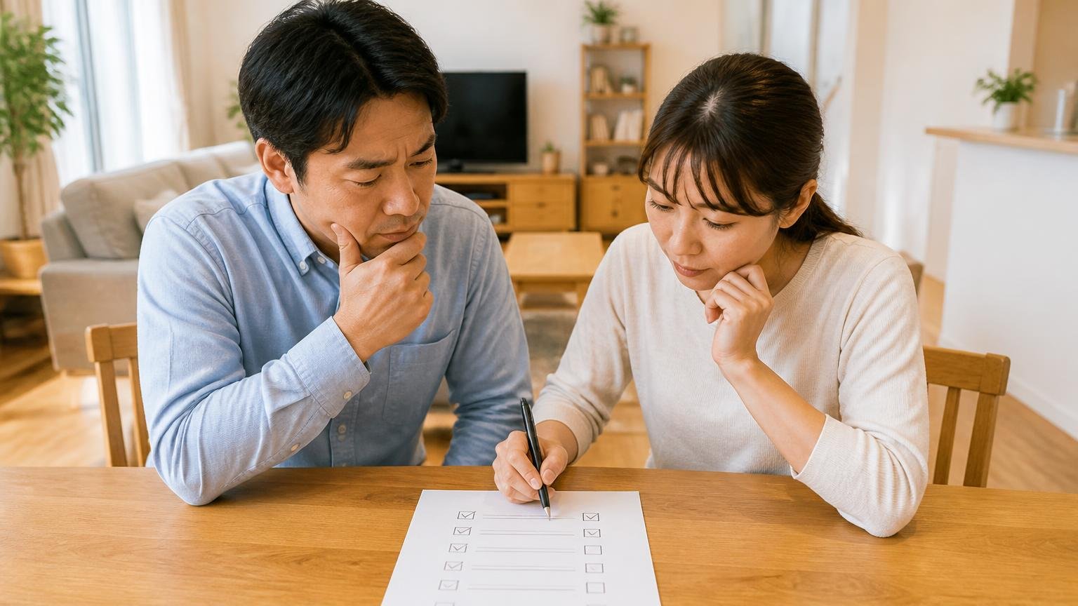 自力か業者かのチェックリスト。木造戸建てのリビングのテーブルで紙にペンで印を付けて相談する夫婦2人