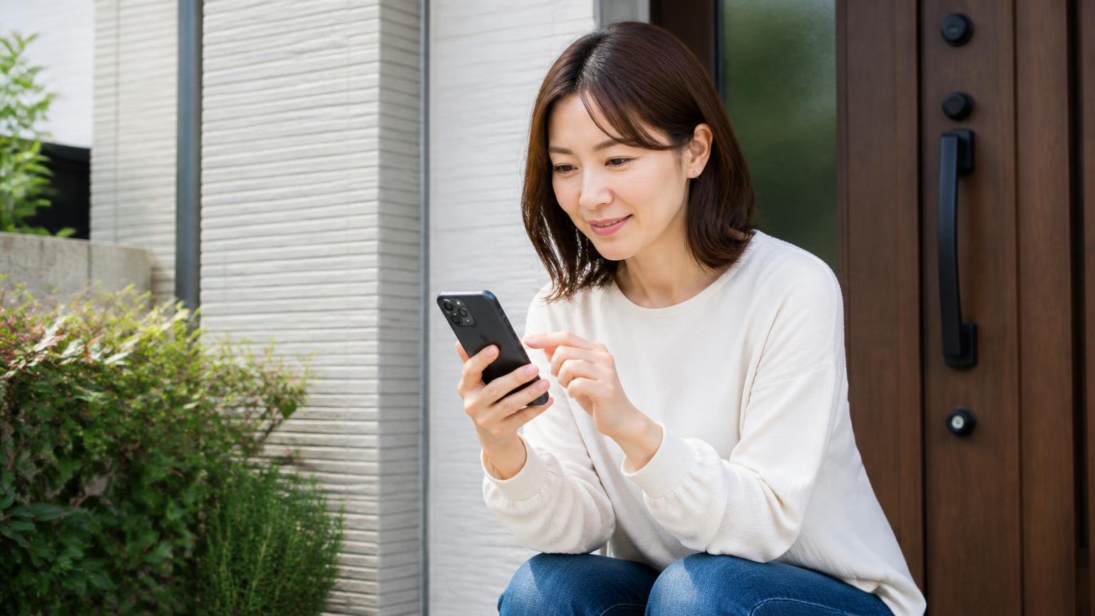 相見積もりの1社目に入れておきたい害獣・シロアリ駆除の相談先。玄関前でスマホから無料相談を申し込む30代女性1人