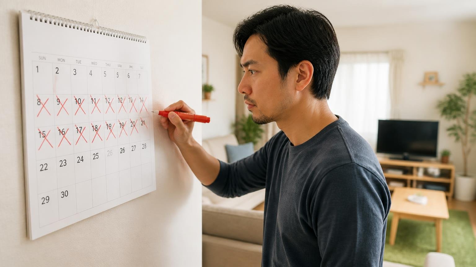 2週間で見切りをつける 住宅のリビングの壁のカレンダー前 住人1人 日付に印をつけて期限を決める