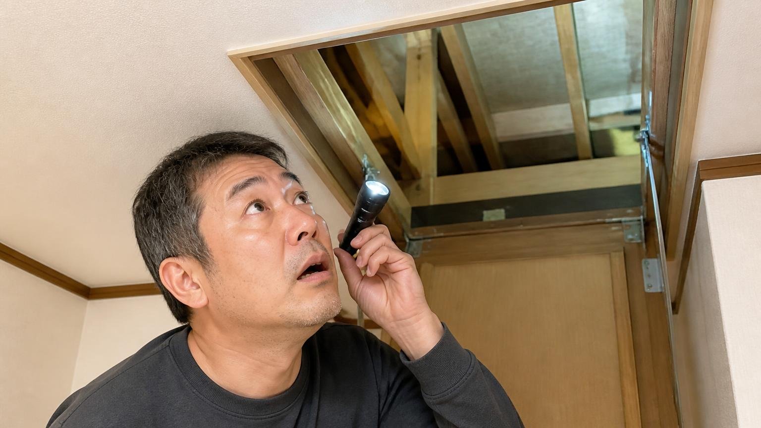 天井裏の音の正体がわからず戸惑う場面 木造戸建ての天井裏点検口を懐中電灯で照らす 40代男性が息をのむ