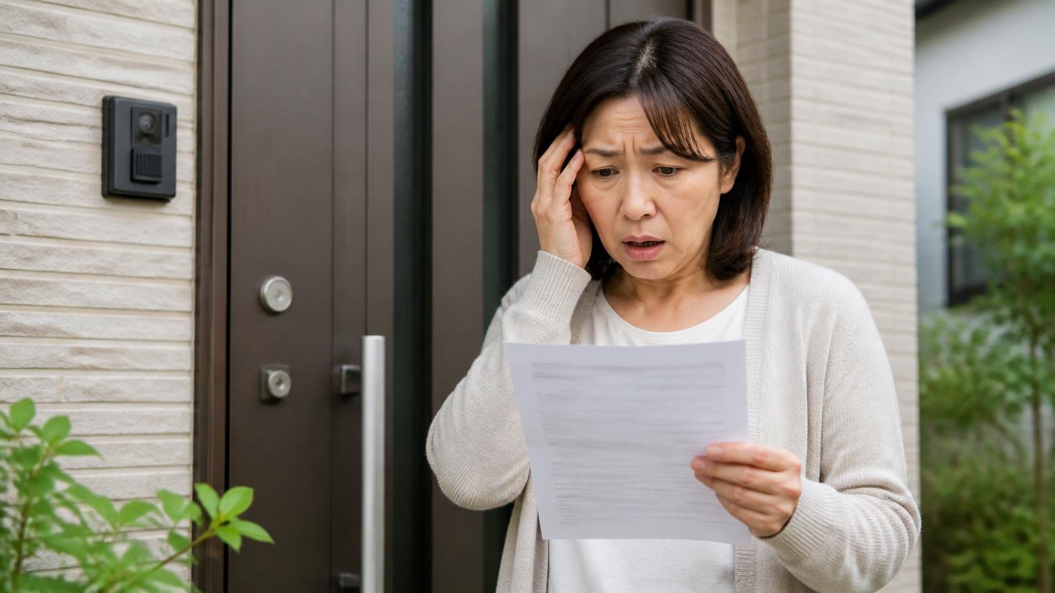 駆除サービスの相談件数が増えている実態|住宅の玄関先で50代女性が見積書を手に困った表情で立ち尽くす