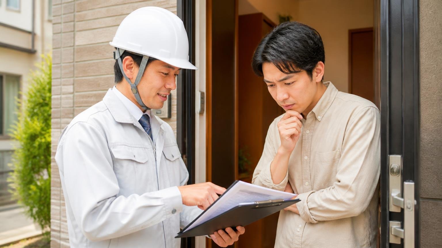 現地調査と見積もりが無料かを最初に確認する|玄関先で作業員と見積書を確認する住人1人