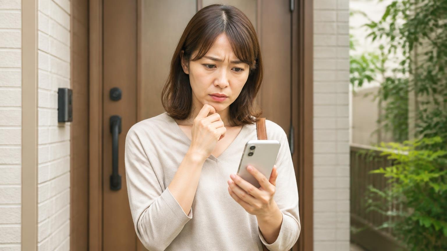 電話口の金額と実際の請求額がずれる理由 自宅の玄関先でスマホを手に難しい顔をする女性1人