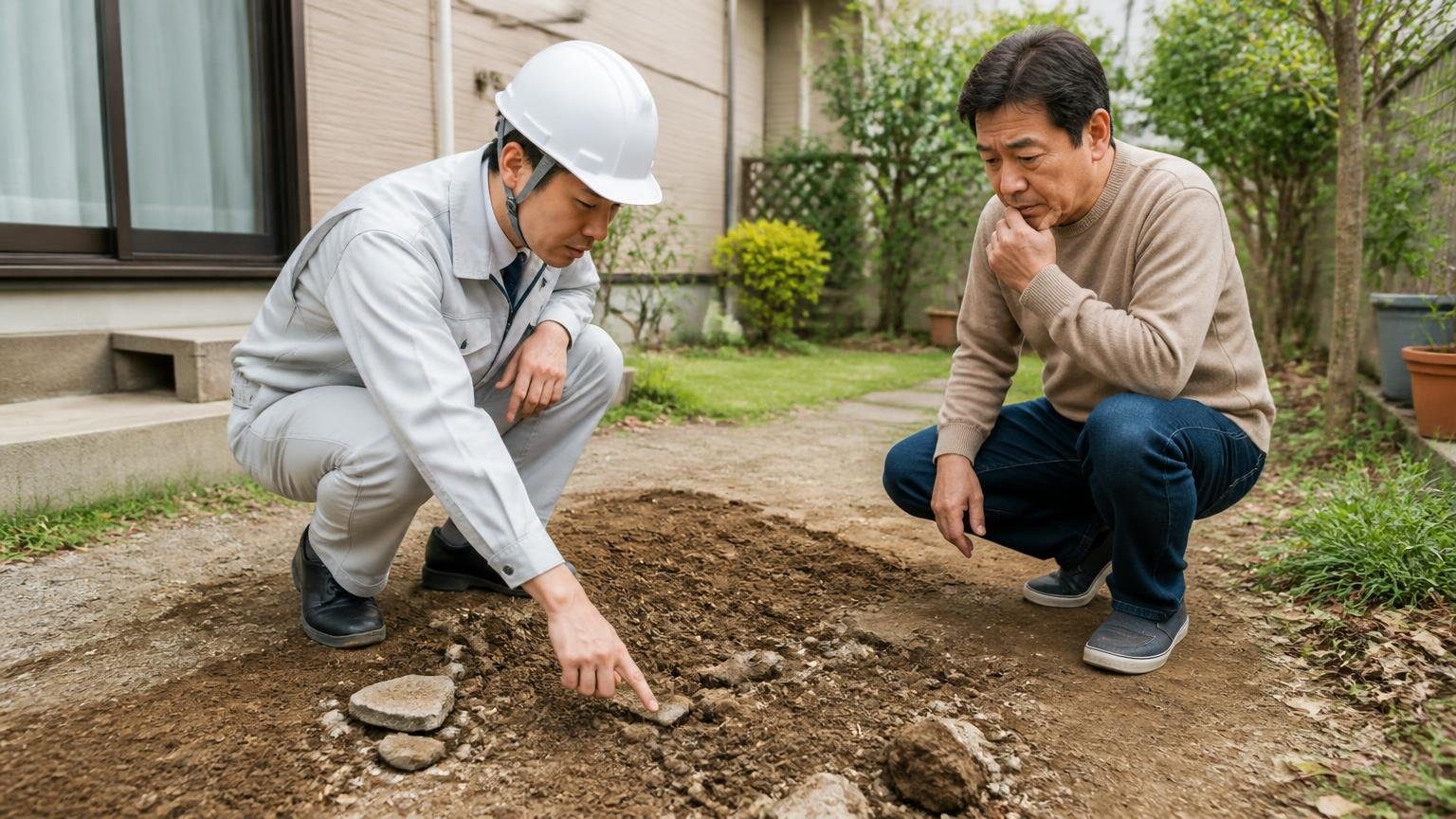 自力で続ける前にいまの被害範囲を正確に知る 住宅の庭 作業員1人と住人1人 地面を指さし説明