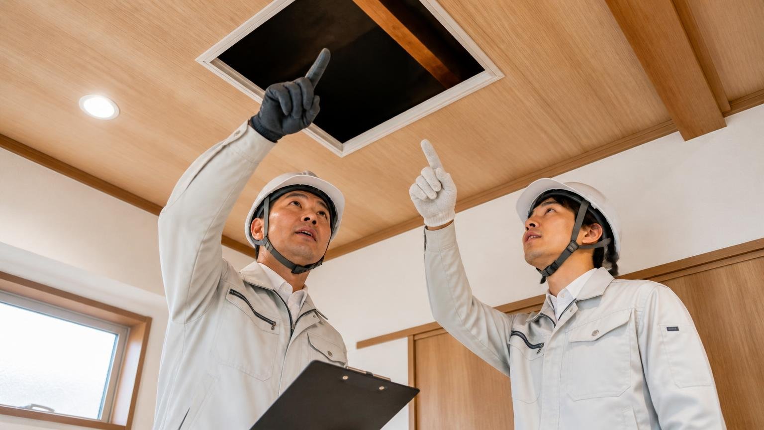 相談から契約までの5ステップ。木造戸建ての天井裏の点検口を見上げる作業員2人が指をさす