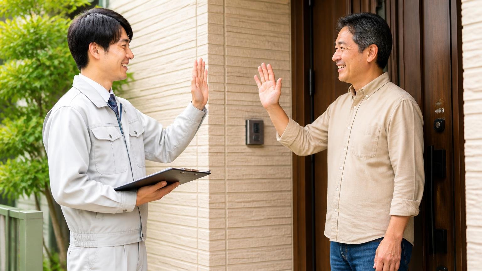 現地調査と見積もりは無料のところがある|住宅の玄関前で無料調査|作業員1人と住人1人が笑顔で挨拶