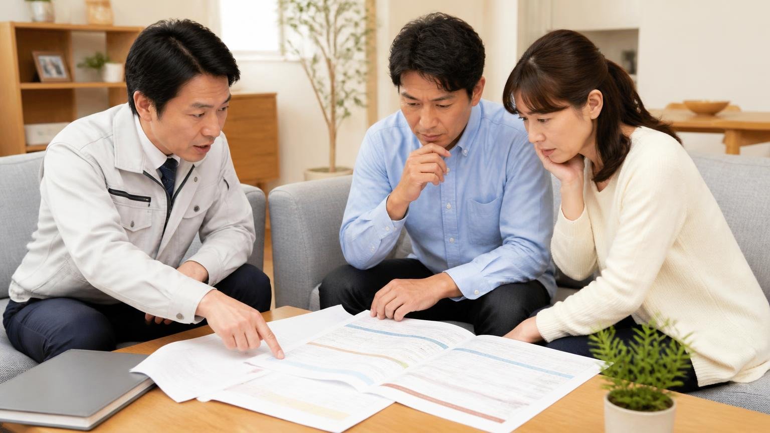 費用は工程ごとに分かれている|リビングで作業員と夫婦3人が見積書を広げて確認する