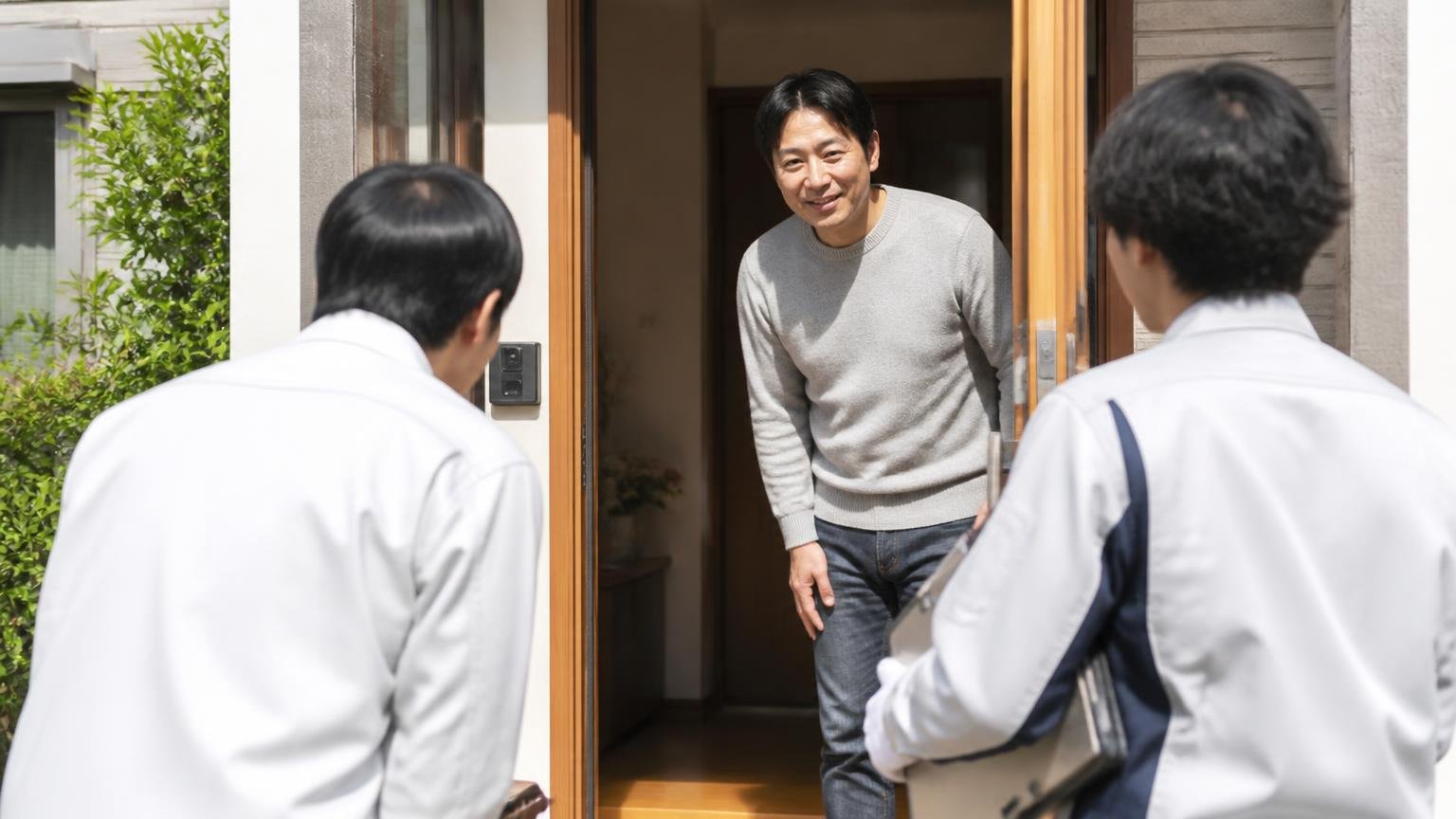 無料の現地調査を複数社に頼む。木造戸建ての玄関前で作業員を出迎える40代男性1人が笑顔で会釈する