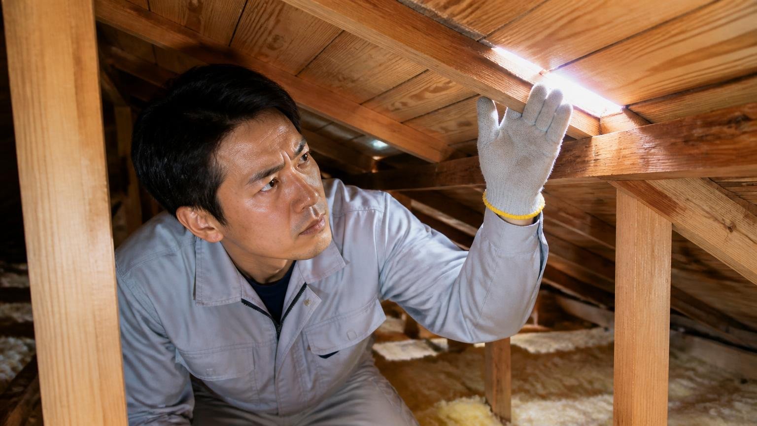 侵入口の数を確認|木造戸建ての屋根裏で外からの光が漏れる隙間に手をかざす作業員1人が険しい顔で見つめる