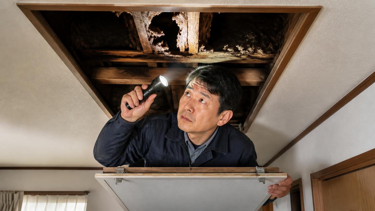 被害が一番ひどい場所に置く。天井裏の点検口から懐中電灯を照らす40代男性が真剣な表情で確認する