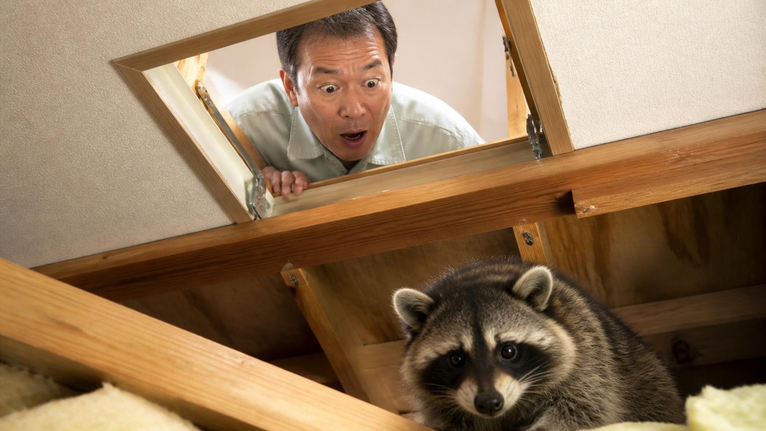 鼠ではなく鼬か浣熊だったレビュー 木造戸建ての屋根裏点検口から中を覗き込み目を見開く50代男性