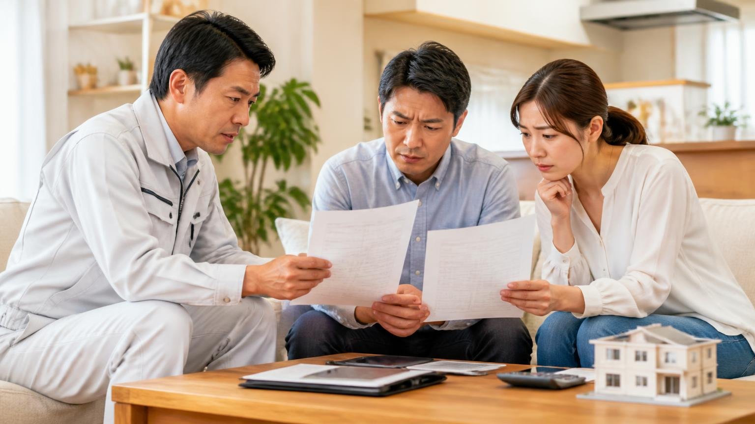 相見積もりで比べる リビングで作業員と打ち合わせする夫婦2人が2枚の見積書を見比べる