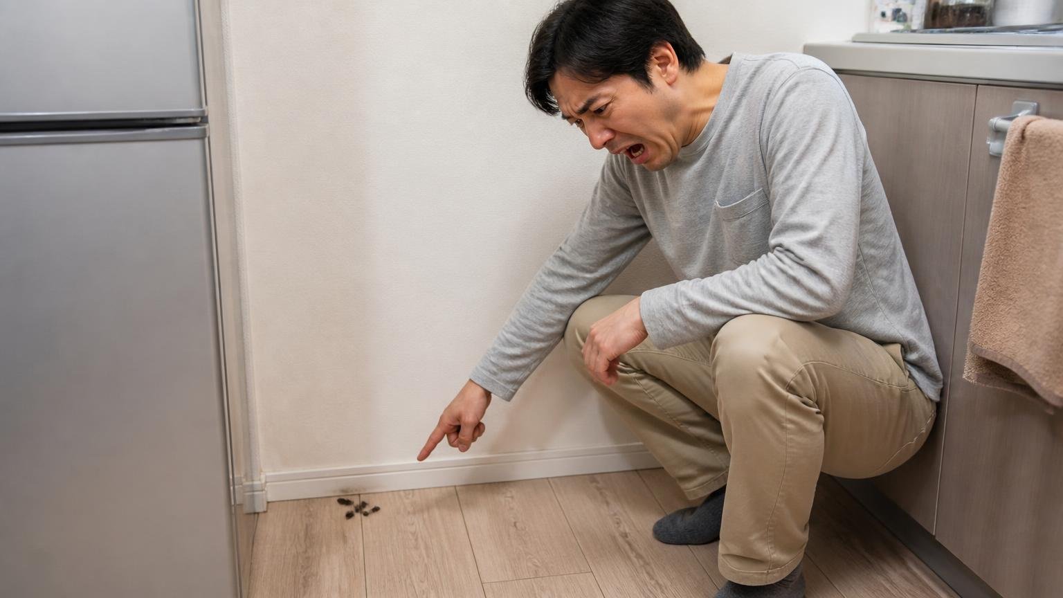 毒餌が向いている段階の人 住宅のキッチンの床の隅 住人1人 見つけたフンを指さして確認する