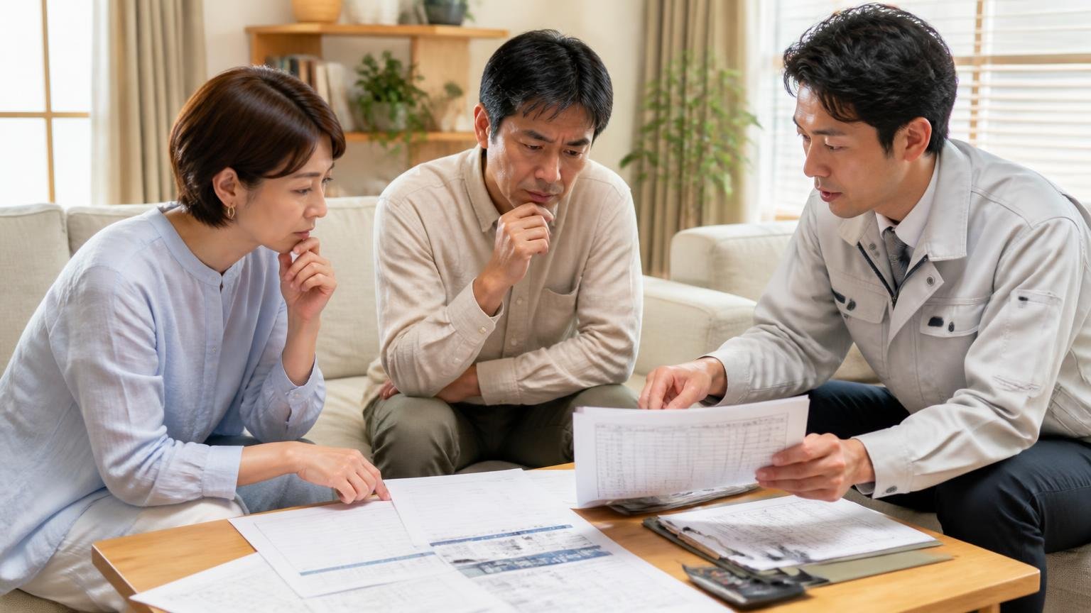 行政も言う会計が明瞭かどうか リビングで作業員と打ち合わせ 男女3人 見積書を見比べる