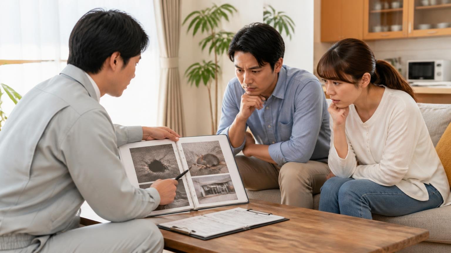 侵入口を無料で見てもらえる害獣駆除業者3選｜リビングで作業員と夫婦3人が打ち合わせ
