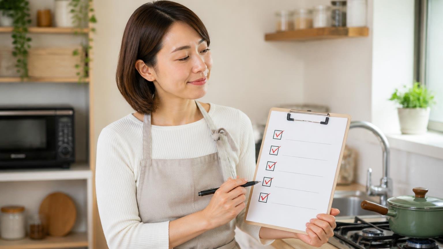 向いている人の5条件。台所で30代女性1人がチェックリストに印をつけ納得の表情でうなずく