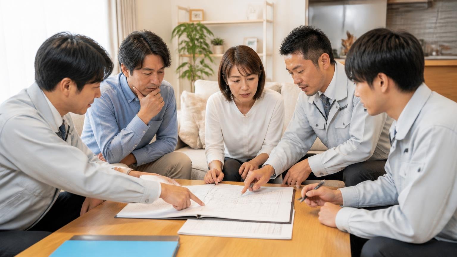 業者選びで公的資料が挙げている4つの確認項目 リビングで作業員と打ち合わせする場所で 夫婦と作業員3人が 見積書を広げて指さす