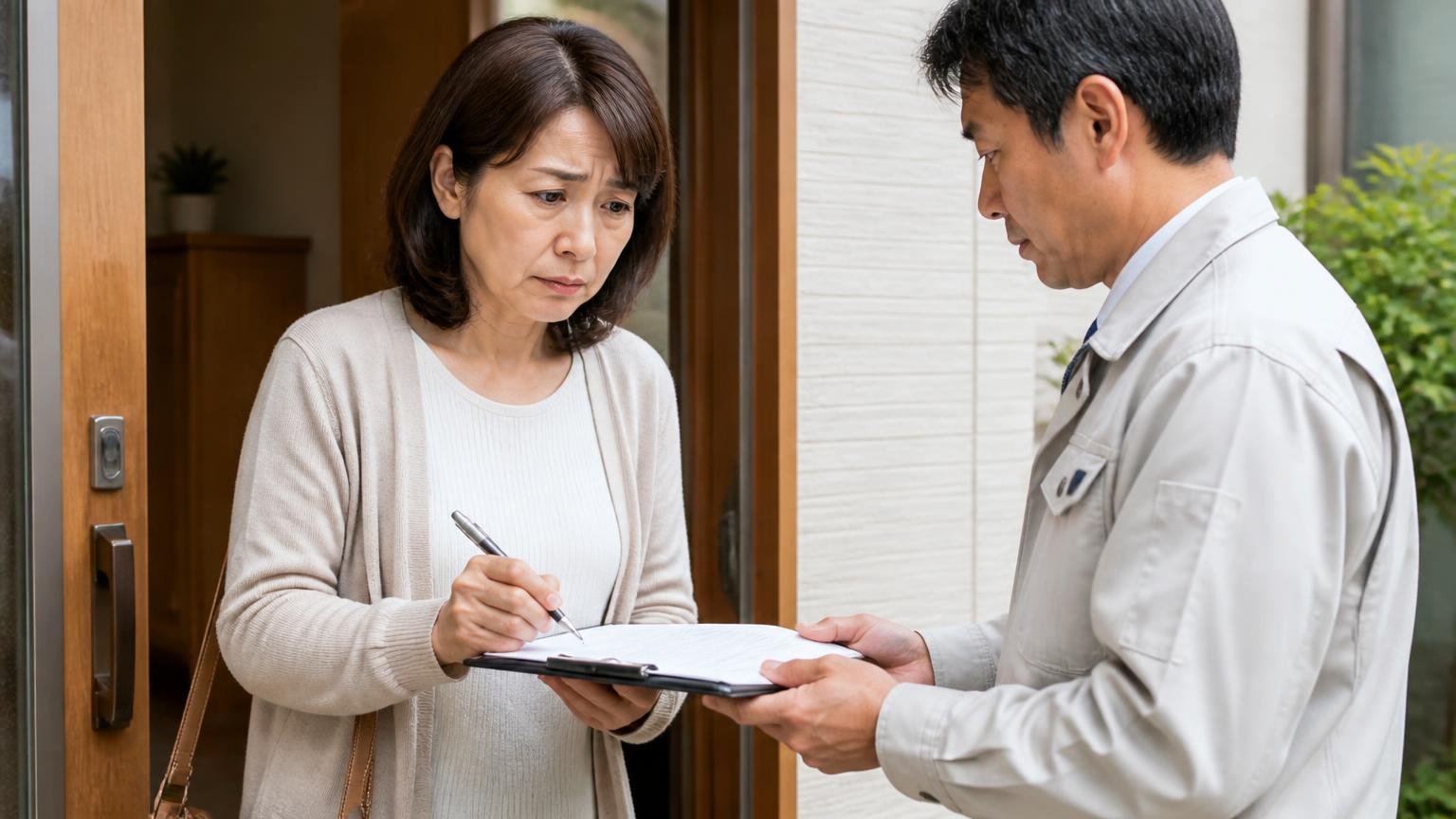 200万円で契約した人があとから知った相場 木造戸建ての玄関で契約書に署名を求められる 50代女性と作業員の2人 ペンを持つ手が止まる