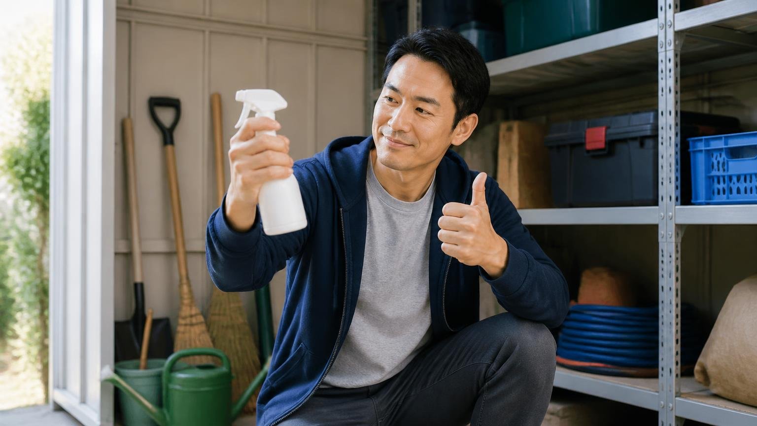 忌避剤が向いているケースを確認する場面 住宅の物置でスプレーを構える 30代男性が納得した表情