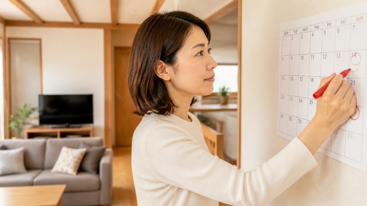 様子を見る期限を2週間と決める場面 木造戸建てのリビングでカレンダーに印をつける30代女性1人 決意した表情
