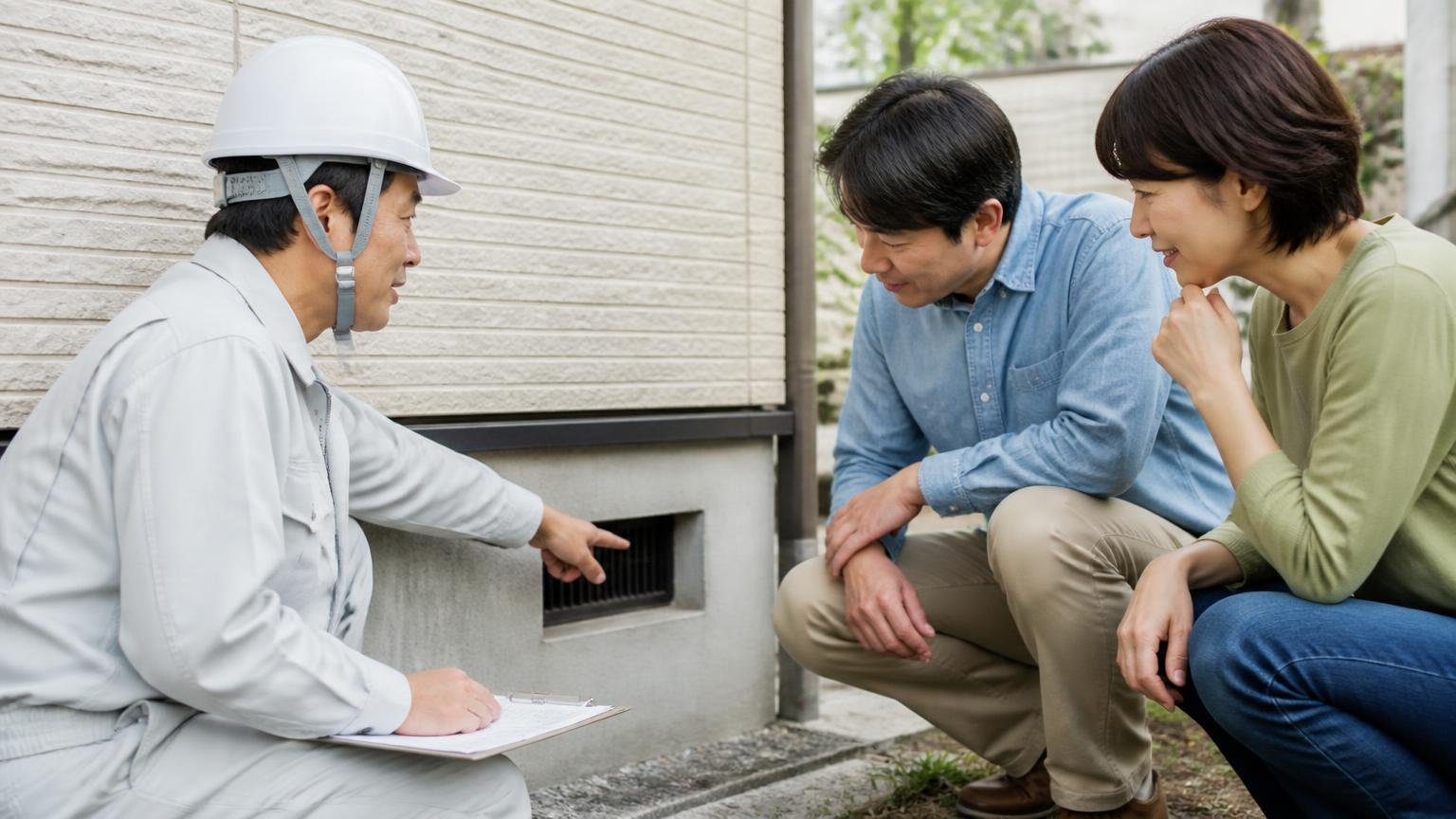 向いている人|家の外壁まわりで侵入口を一緒に確認してうなずく作業員と住人2人