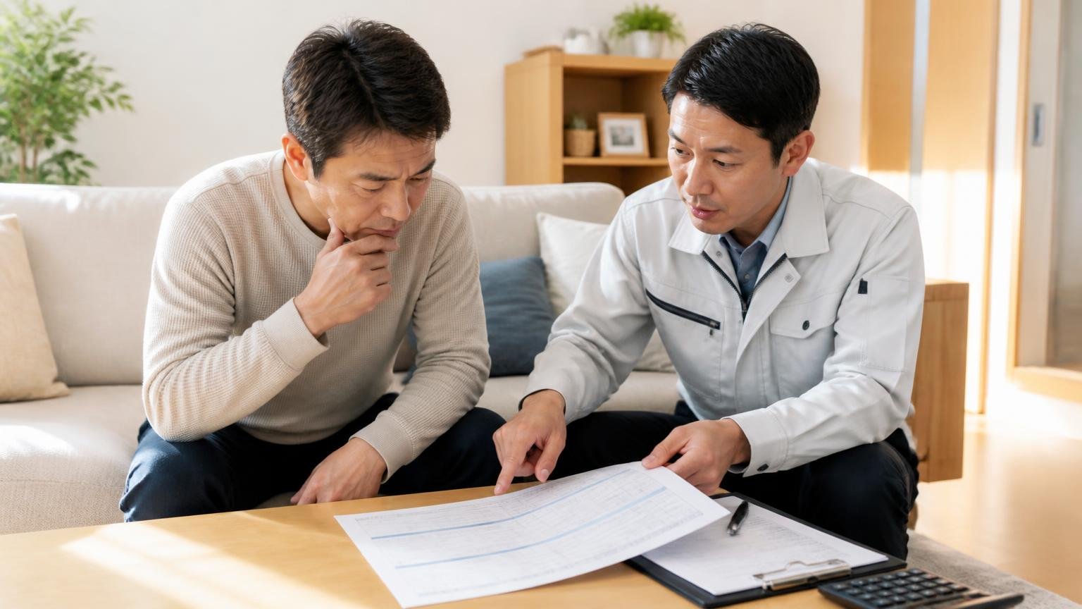 見積書で必ず確認したい4つの項目・リビングで作業員と打ち合わせ・住人1人と作業員1人・書類を指さして内訳を確認する
