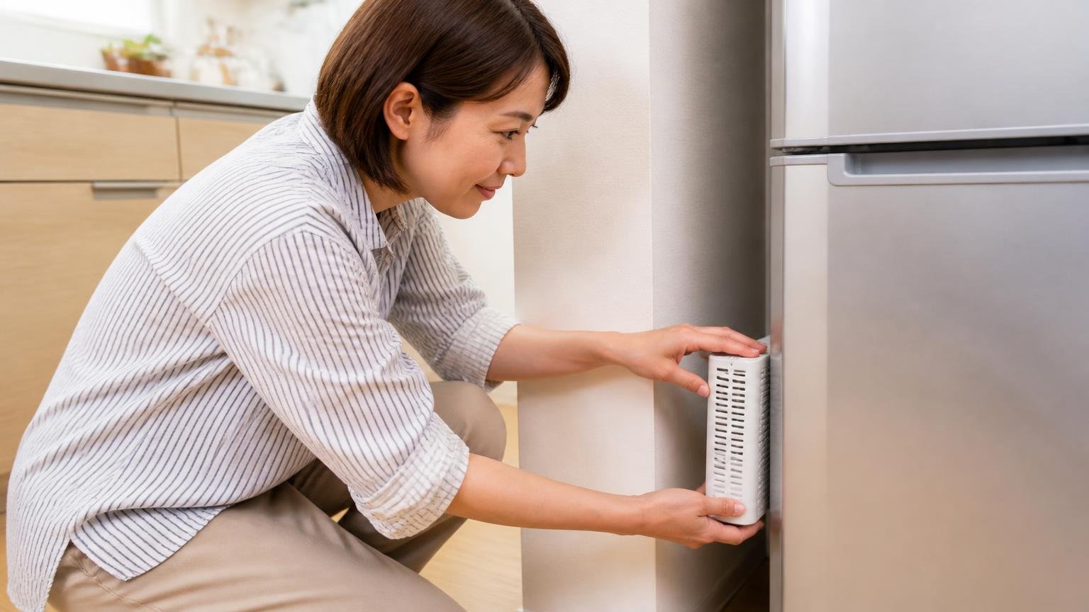 冷蔵庫脇のすき間に忌避剤を設置する場面 住宅のキッチン 30代女性がしゃがんで容器を差し込む表情