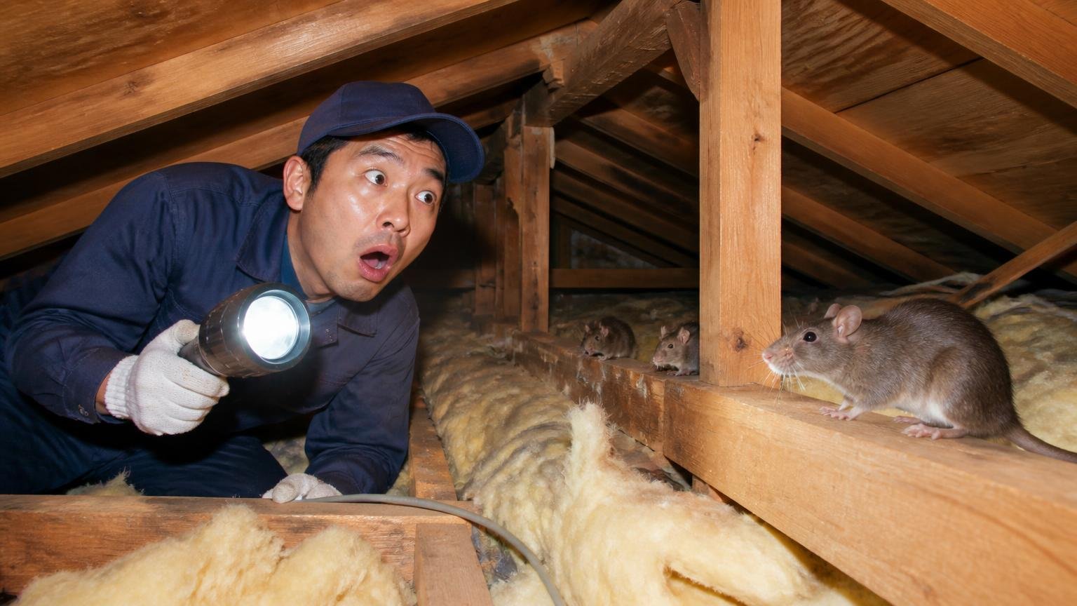 ワルファリン抵抗性ネズミとは何か/木造戸建ての天井裏で作業員1人が驚いた表情で懐中電灯を向ける