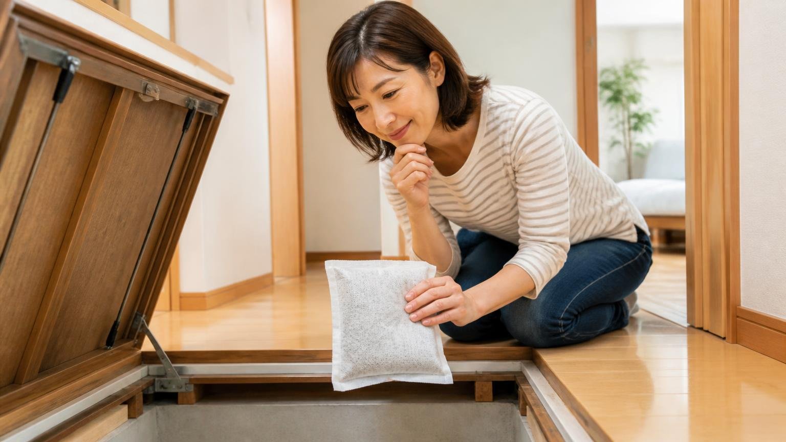 投げ込みタイプが向いている人。木造戸建ての床下収納をのぞきながら小袋を置く女性1人が納得した表情